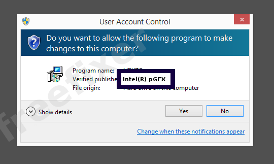 Screenshot where Intel(R) pGFX appears as the verified publisher in the UAC dialog